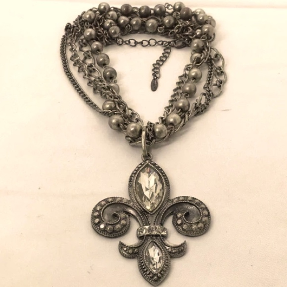 Rhinestone Rocker Silver Fleur-de-Lis Pendant Necklace Vintage Excellent - Picture 9 of 9